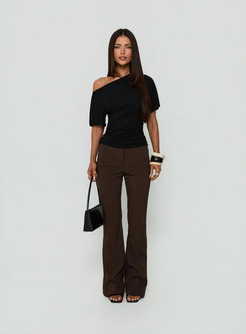 Showcasing the Kinkirk No Waist Flared Pants Chocolate Pinstripe in womens regular pants with mid-rise detail front view of model wearing Princess Polly
