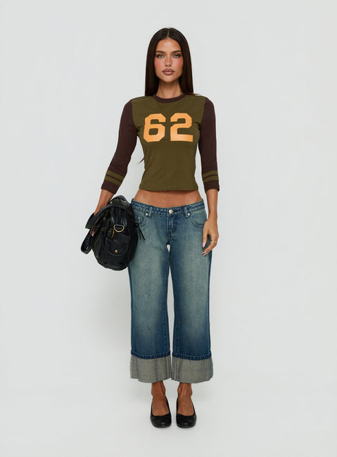 62 Varsity Long Sleeve Graphic Top Khaki Multi