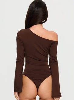 back view of model wearing Princess Polly Raissa Cut Out One Shoulder Bodysuit Brown Long Sleeve Tops 