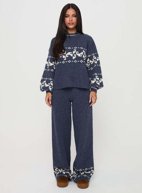 front view of model wearing Princess Polly Alpine Sweater Navy / Cream Cropped Jumpers 