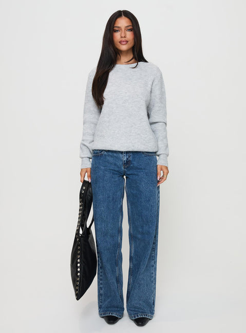side view of model wearing Princess Polly Abrams Rib Knit Crew Sweater Grey Marle 