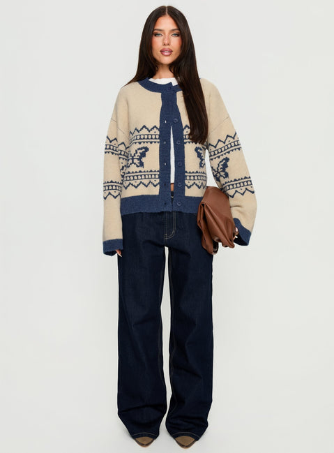 side view of model wearing Princess Polly Wynoni Alpine Knit Cardigan Beige / Navy Longline Jumpers 