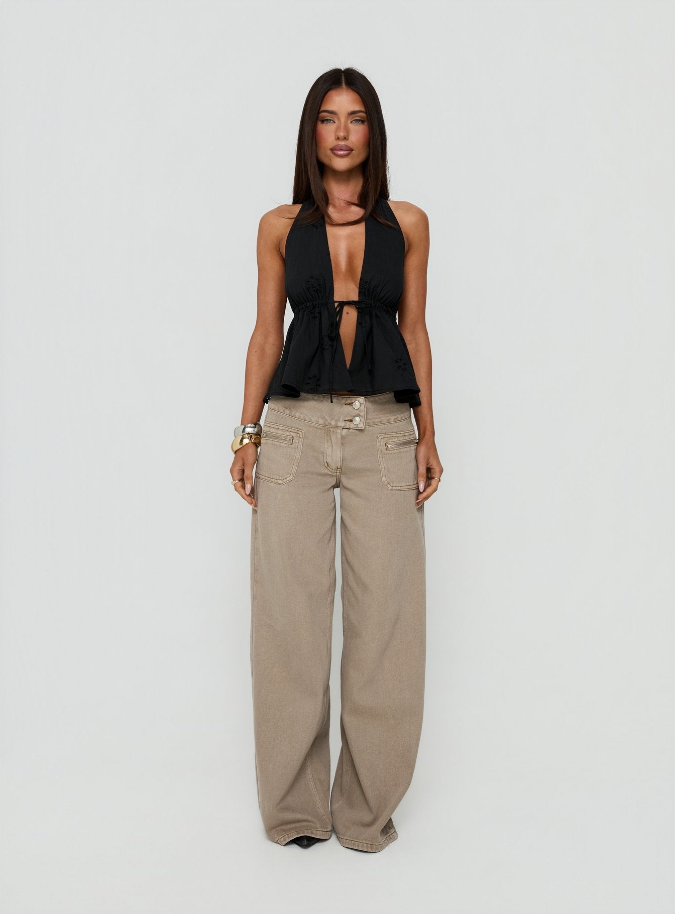 Top Form Broderie Anglais Tie Front Halter Top Black