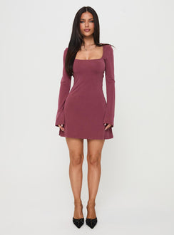 front view of model wearing Princess Polly Back In Time Long Sleeve Mini Dress Burgundy Square Neck 
