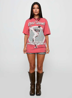 back view of model wearing Princess Polly David Bowie Vintage Oversized Graphic Tee Red Half Sleeves Crew Neck 