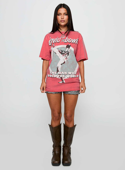 back view of model wearing Princess Polly David Bowie Vintage Oversized Graphic Tee Red Half Sleeves Crew Neck 