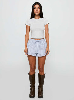 front view of model wearing Princess Polly Nautique Drawstring Shorts Blue Stripe High Waisted Shorts 