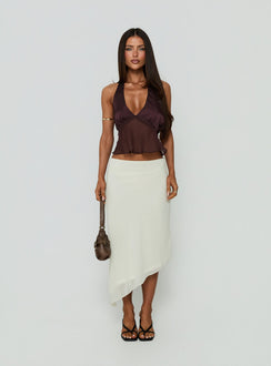 Showcasing the Suella Asymmetrical Midi Skirt Off White in womens-skirts with a midi length front view of model wearing Princess Polly