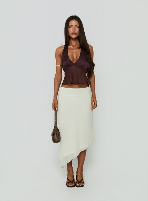 Showcasing the Suella Asymmetrical Midi Skirt Off White in womens-skirts with a midi length front view of model wearing Princess Polly