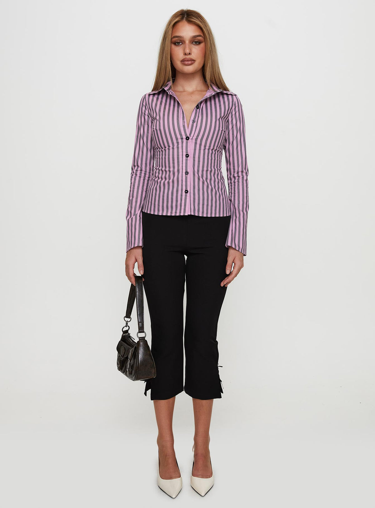 side view of model wearing Princess Polly You Hear Me Long Sleeve Top Pink Stripe Full Sleeves V-Neck 