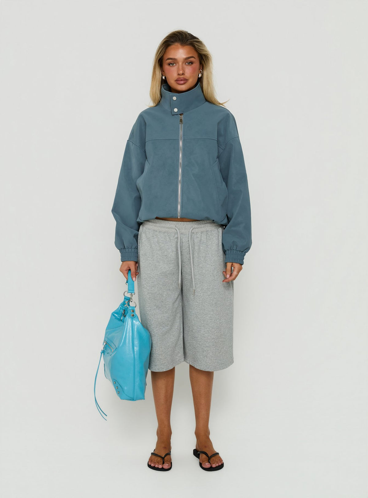 Ellissa Faux Suede Bomber Jacket Slate Blue