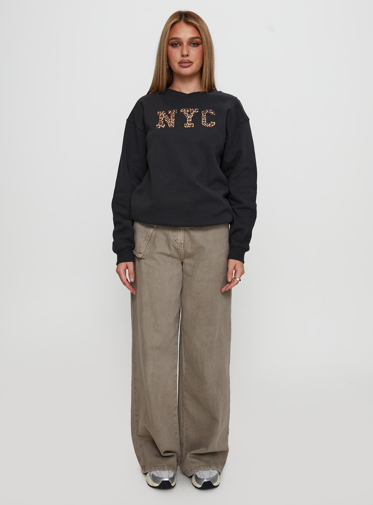 front view of model wearing Princess Polly Wild In NYC Sweater Black 