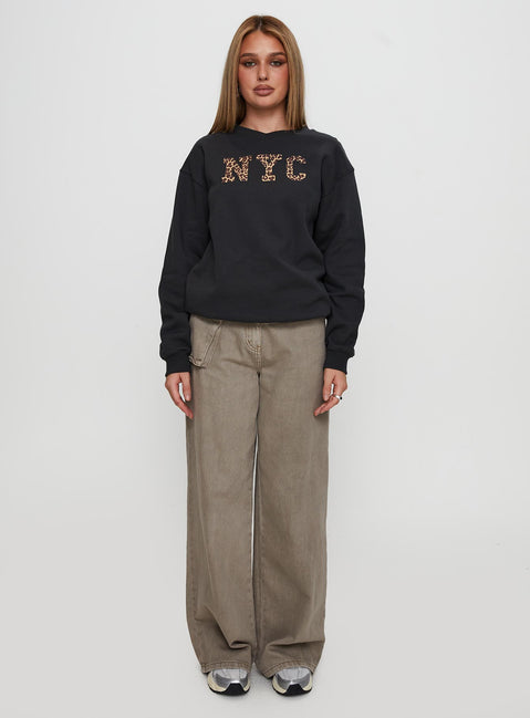 front view of model wearing Princess Polly Wild In NYC Sweater Black 