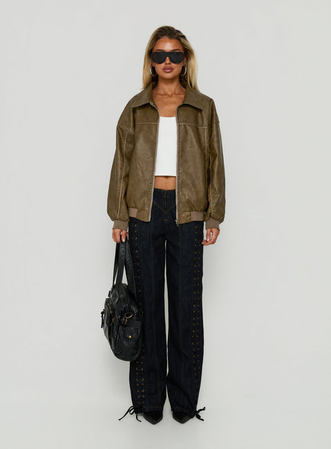 Goldsmith Faux Leather Bomber Jacket Washed Brown