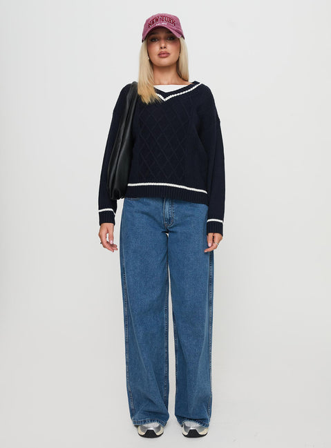 side view of model wearing Princess Polly Covina V Neck Knit Sweater Navy 