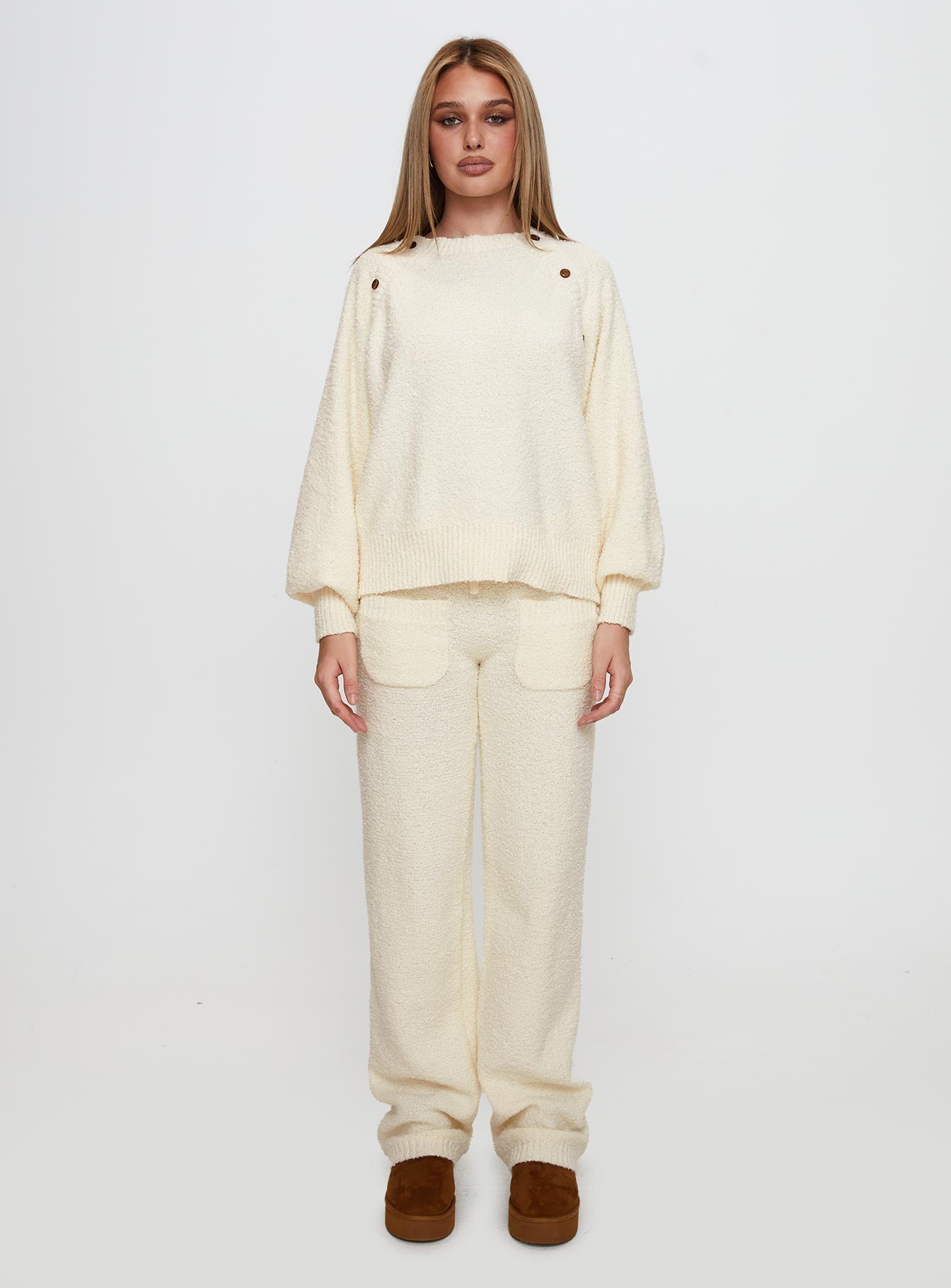 front view of model wearing Princess Polly Susi Fluffy Knit Sweater Ivory cropped 
