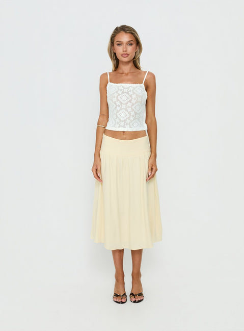 back view of model wearing Princess Polly Heart Of Gold Linen Blend Midi Skirt Lemon Midi Skirts 