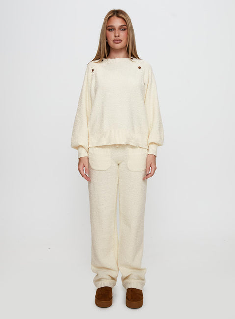 front view of model wearing Princess Polly Susi Fluffy Knit Pant Ivory High Waisted Pants 
