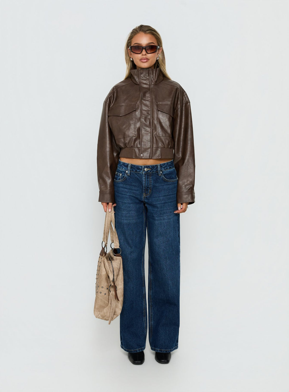 Ace Player Funnel Neck Faux Leather Jacket Brown Petite