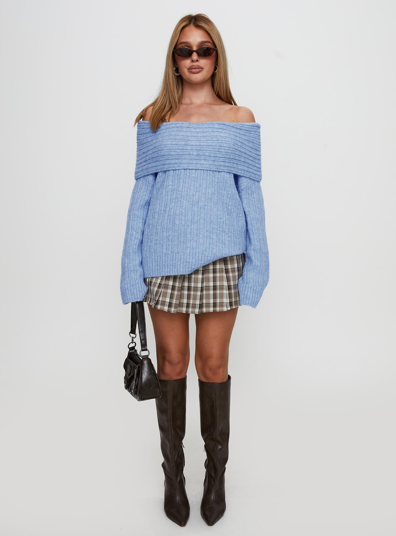 front view of model wearing Princess Polly Snowie Off Shoulder Knit Sweater Blue Longline Jumpers 