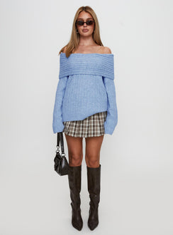 front view of model wearing Princess Polly Snowie Off Shoulder Knit Sweater Blue Longline Jumpers 