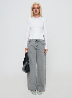 front view of model wearing Princess Polly Ellanor Low Rise Slouch Denim Jean Washed Grey Petite Low Rise Jeans 