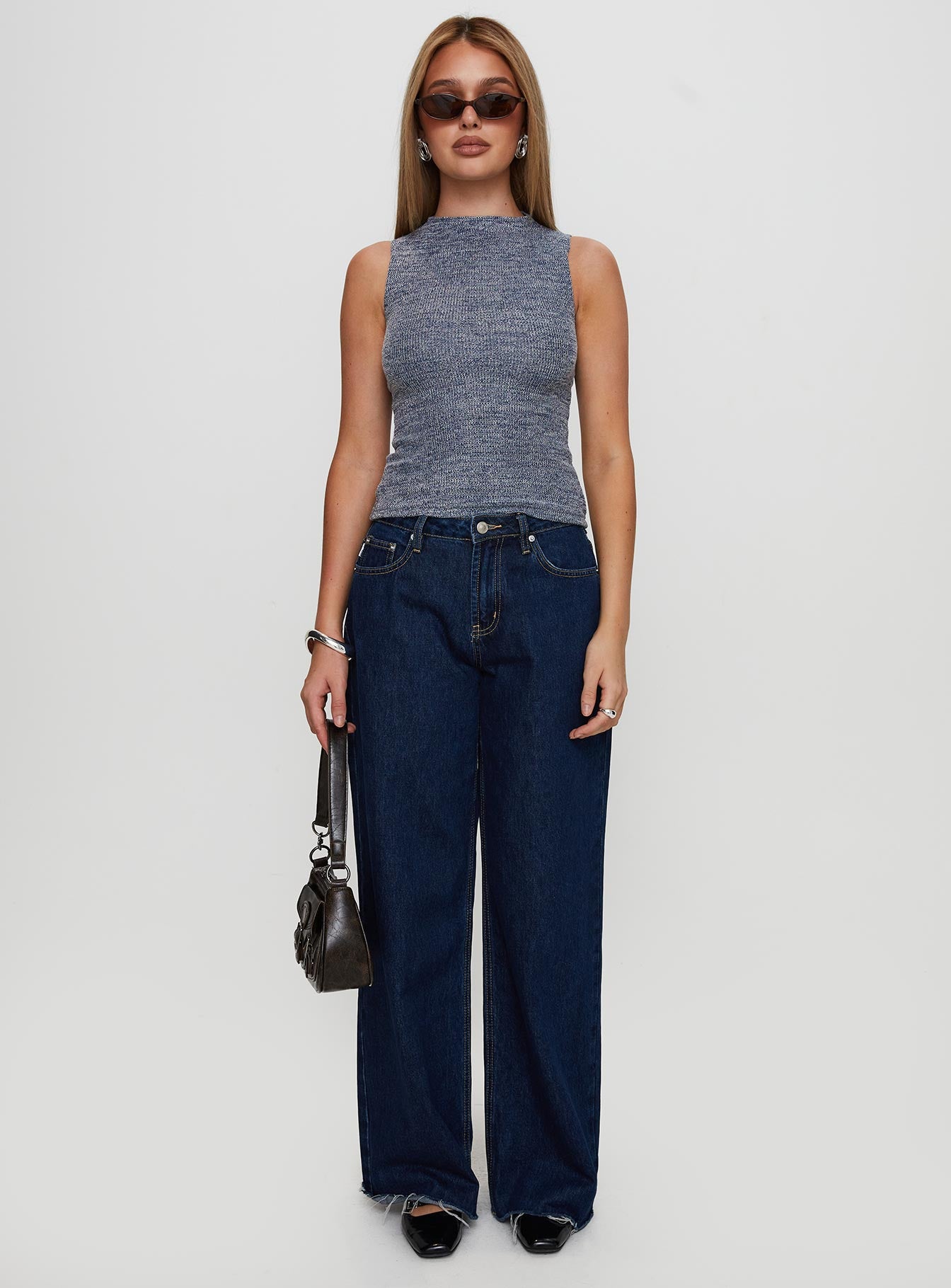front view of model wearing Princess Polly Get It Together High Neck Top Blue Marle Sleeveless High Neck 