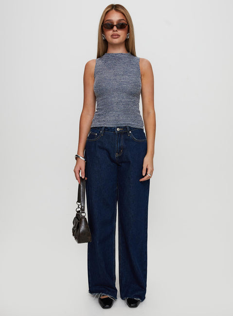 front view of model wearing Princess Polly Get It Together High Neck Top Blue Marle Sleeveless High Neck 