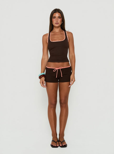 Lyndsie Rib Lace Racer Back Tank Brown / Coral