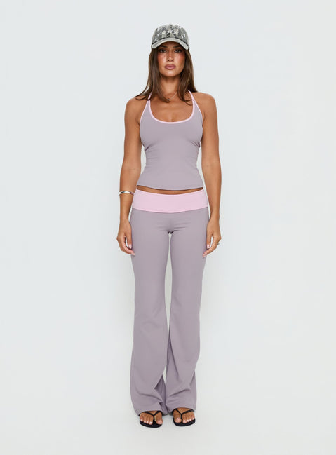 front view of model wearing Princess Polly Kobee Jersey Flare Pants Slate / Dusty Pink Mid Rise Pants 