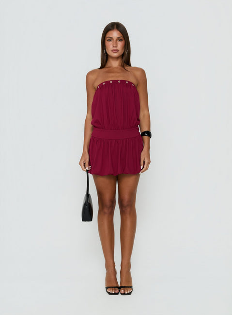 Lenika Eyelet Strapless Mini Dress Burgundy