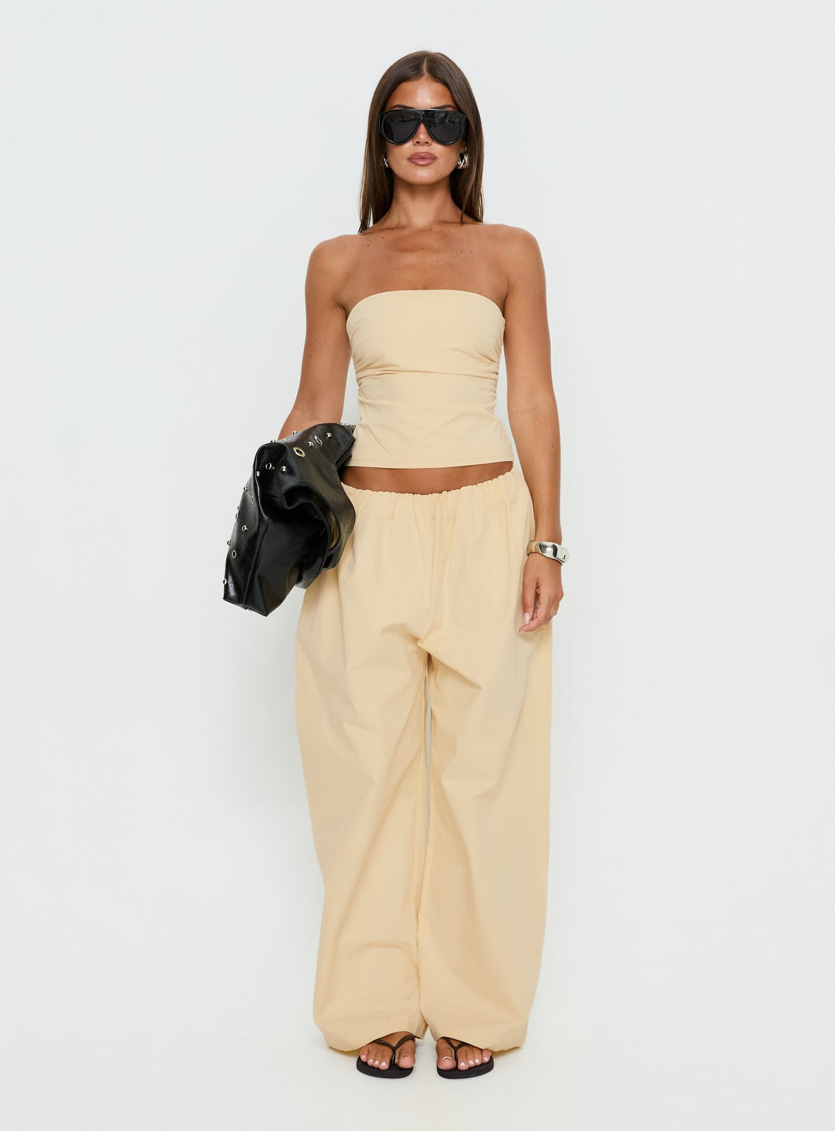 front view of model wearing Princess Polly Tidekiss Pants Lemontini Mid Rise Pants 