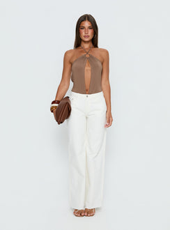 side view of model wearing Princess Polly Damiana Cut Out Bodysuit Brown Sleeveless 