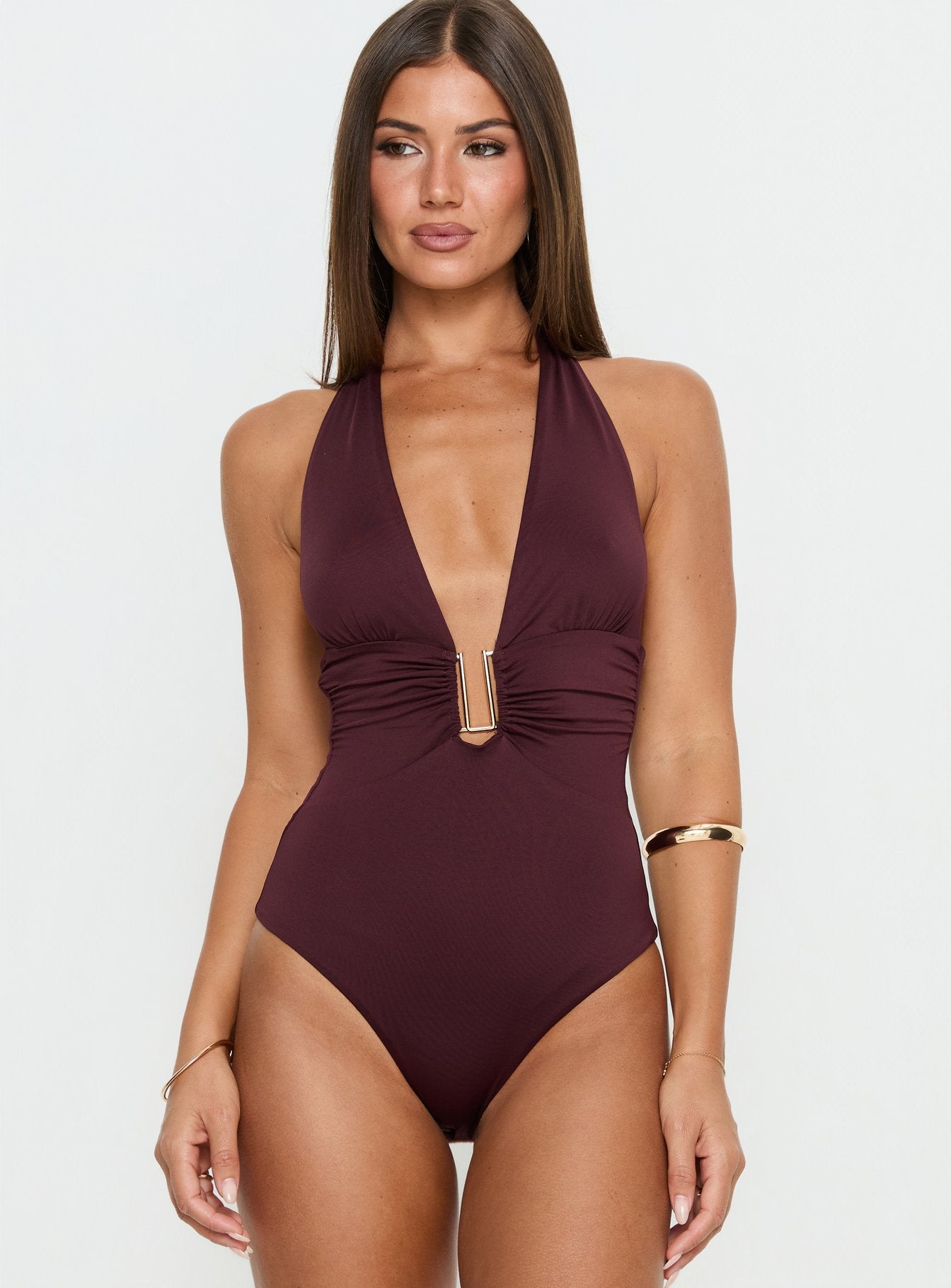front view of model wearing Princess Polly Leave Me Alone Plunge Halter Bodysuit Burgundy Sleeveless 