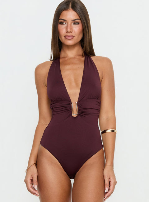 front view of model wearing Princess Polly Leave Me Alone Plunge Halter Bodysuit Burgundy Sleeveless 