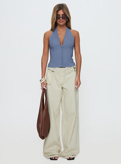 back view of model wearing Princess Polly Serefina Halter Top Blue Slate Sleeveless Plunger 