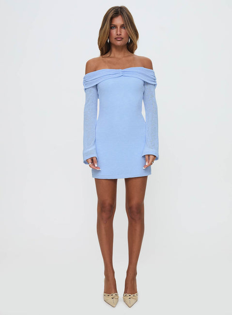 side view of model wearing Princess Polly Stellaire Long Sleeve Mini Dress Blue Straight Neck 