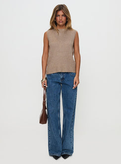 side view of model wearing Princess Polly Jessabell Rib Sleeveless Top Mocha Long 