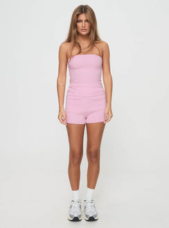 back view of model wearing Princess Polly Huckle Tube Top Pink Sleeveless straight 