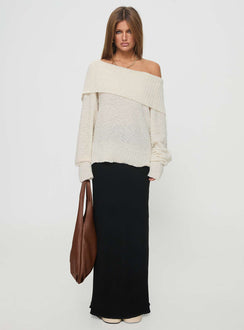 front view of model wearing Princess Polly Parkley Boucle Off The Shoulder Sweater Cream Long 
