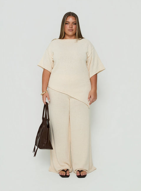 Showcasing Calisse Knit Wide Leg Pants Beige Curve womens-regular-pants with high-rise front view of model wearing
