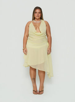 Showcasing the Evaleine Asymmetrical Chiffon Midi Skirt Baby Yellow Curve womens-skirts in midi length product Princess Polly