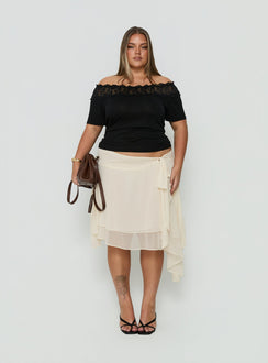 Showcasing the Ophella Tie Waist Chiffon Midi Skirt Cream Curve in womens-skirts with midi length Princess Polly