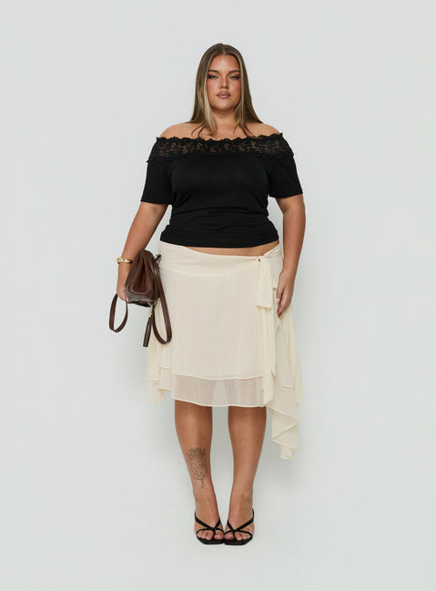 Showcasing the Ophella Tie Waist Chiffon Midi Skirt Cream Curve in womens-skirts with midi length Princess Polly