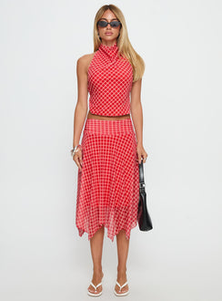   front view of model wearing Princess Polly Scenic Route Asymmetrical Midi Skirt Red Check Midi Skirts 