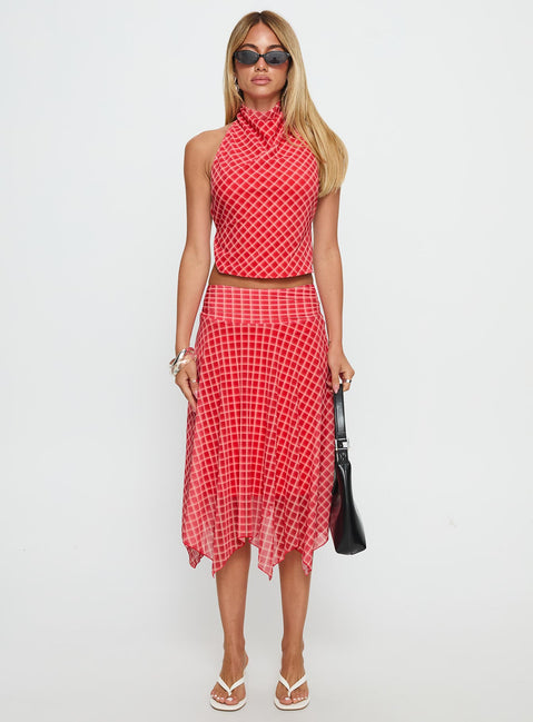   front view of model wearing Princess Polly Scenic Route Asymmetrical Midi Skirt Red Check Midi Skirts 