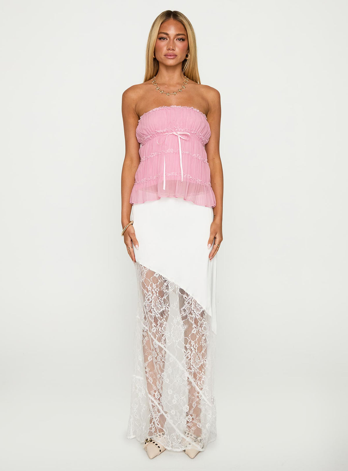 front view of model wearing Princess Polly Avelina Strapless Top Pink Sleeveless straight 