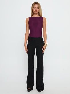 front view of model wearing Princess Polly Vinessa Backless Bodysuit Plum Sleeveless 