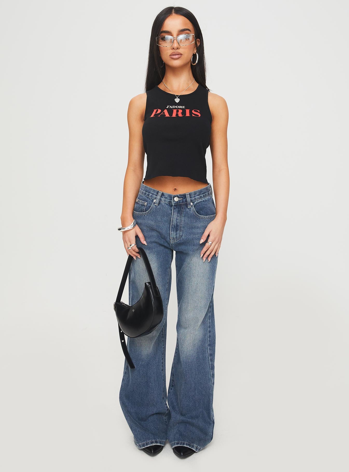front view of model wearing Princess Polly Hanlen Jean Blue High Waisted 