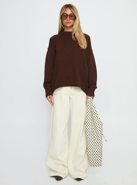front view of model wearing Princess Polly Wilda Crew Neck Knit Sweater Brown Longline Jumpers 